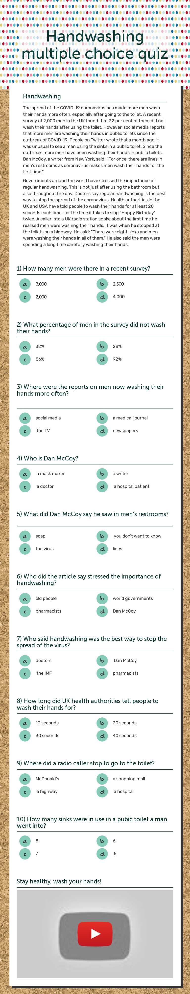 Handwashing           multiple choice quiz Grade 7 worksheet preview