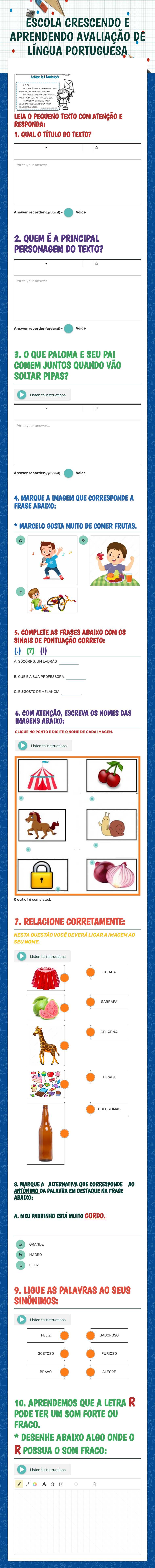 ESCOLA CRESCENDO E APRENDENDO
AVALIAÇÃO DE LÍNGUA PORTUGUESA worksheet preview image