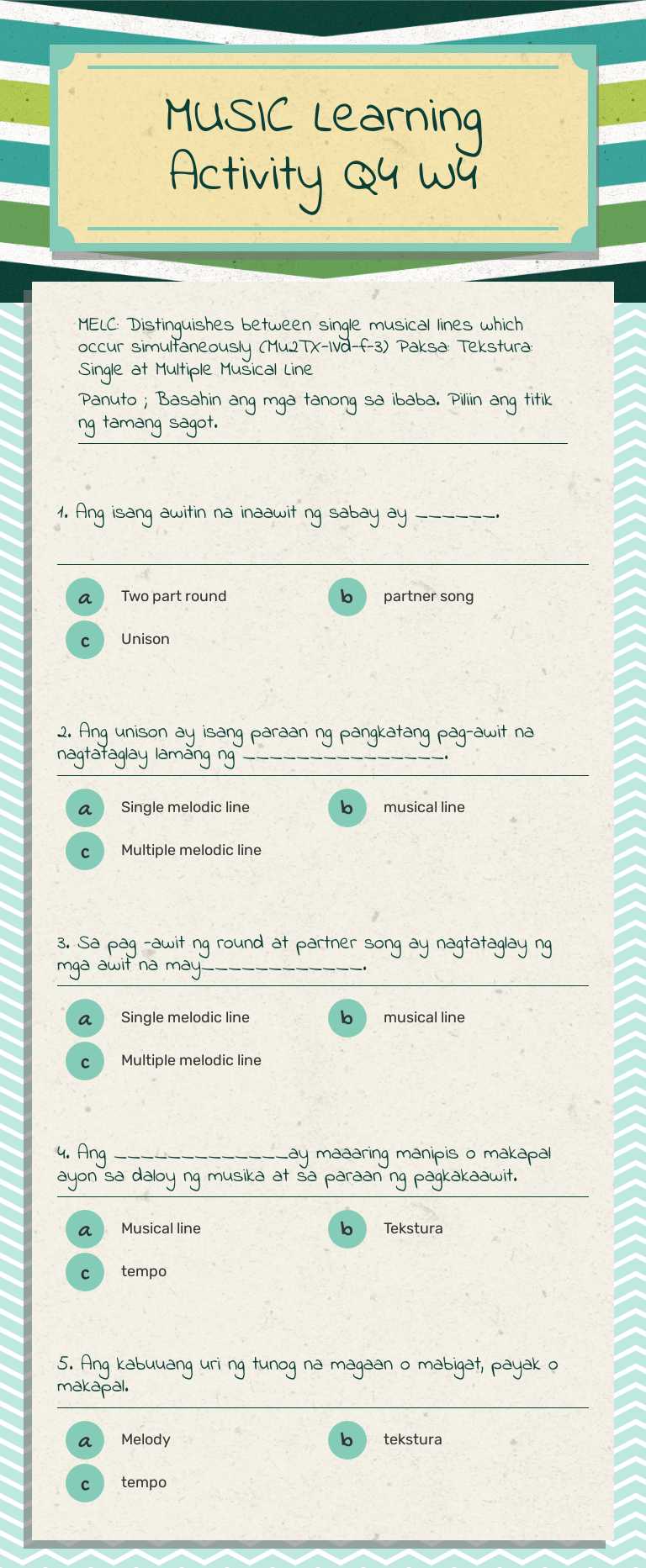 MUSIC Learning Activity Q4 W4 worksheet preview image