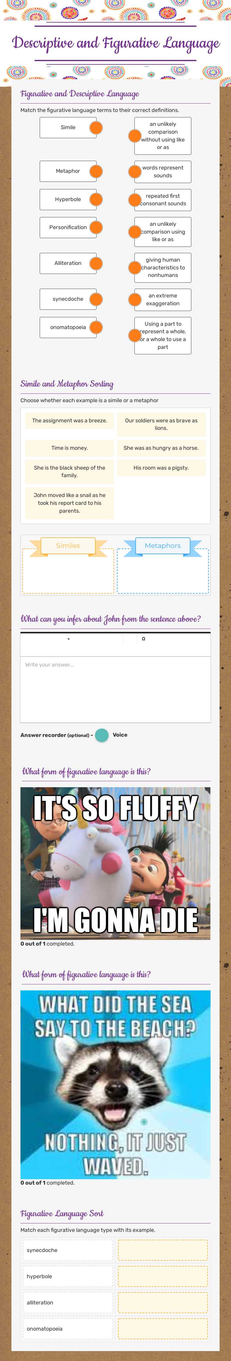 Descriptive and Figurative Language Grade 6 worksheet preview