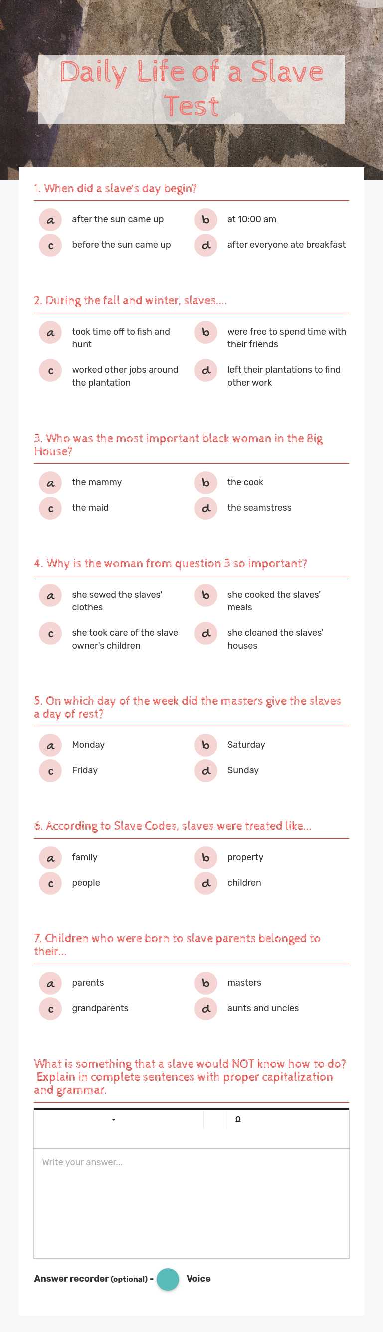 Daily Life of a Slave Test worksheet preview
