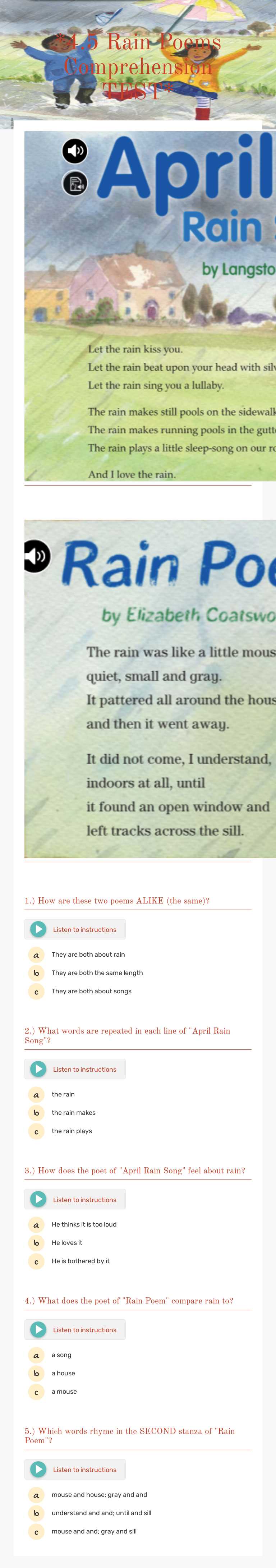 *4.5 Rain Poems Comprehension TEST* worksheet preview image