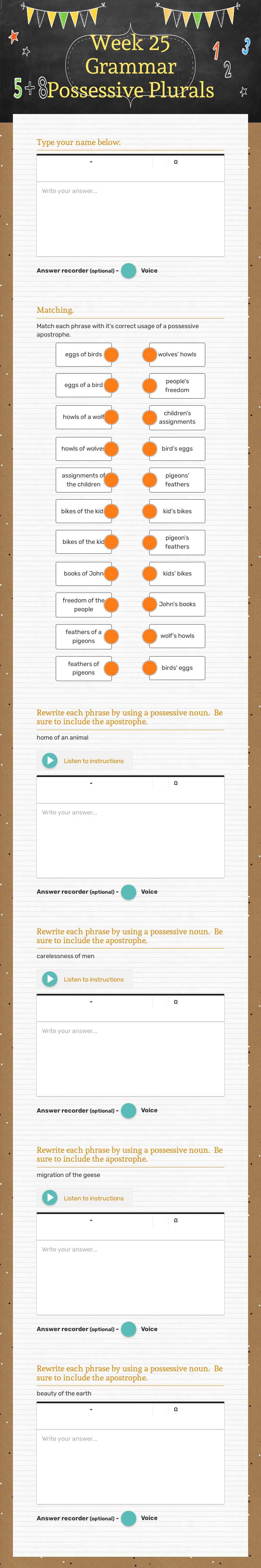 Week 25 Grammar Possessive Plurals worksheet preview image