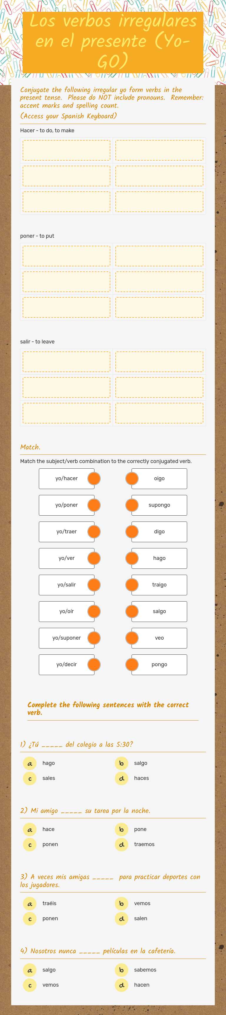 Los verbos irregulares en el presente (Yo-GO) worksheet preview image