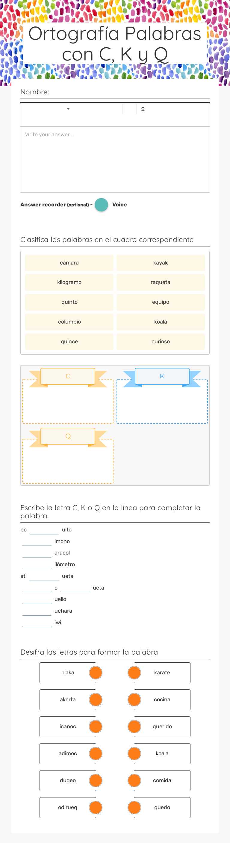 Ortografía 
Palabras con C, K y Q worksheet preview image