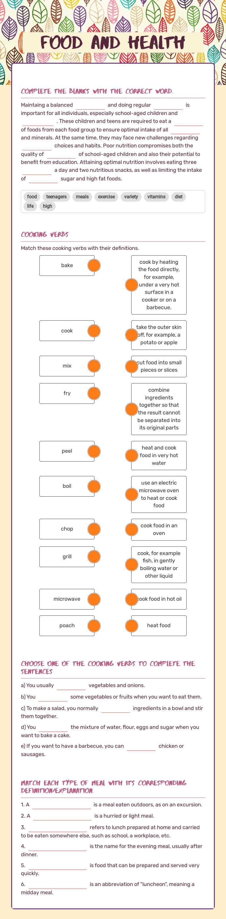 Food and health Grade 8 worksheet preview
