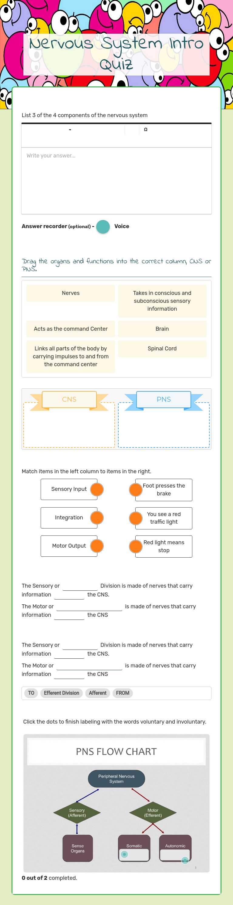 Nervous System Intro Quiz worksheet preview image