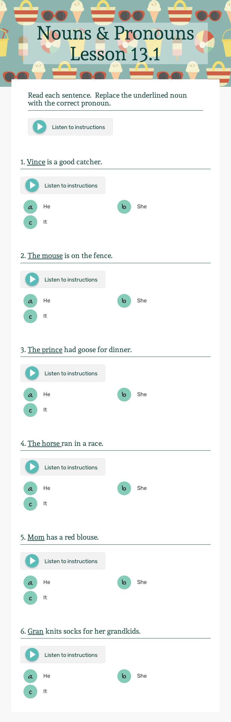 Nouns & Pronouns Lesson 13.1 worksheet preview image