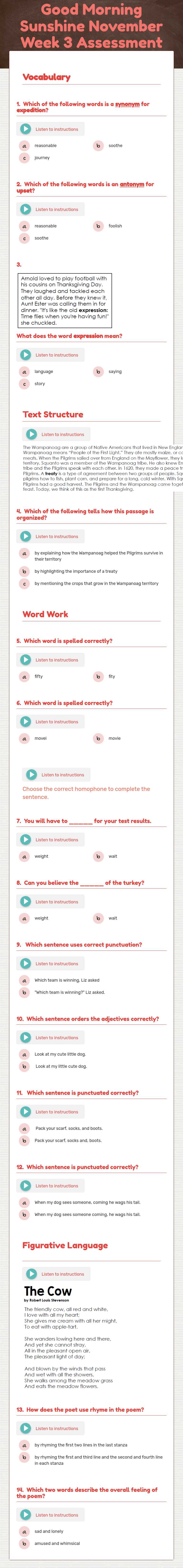 Good Morning Sunshine November Week 3 Assessment MOD worksheet preview image