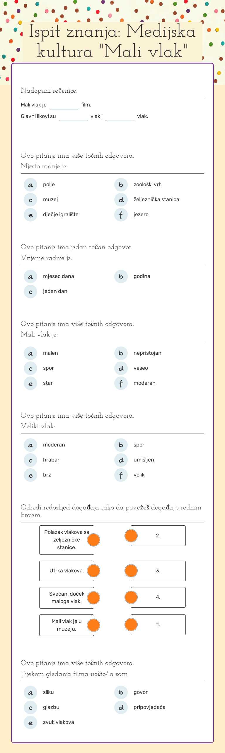 Ispit znanja: Medijska kultura "Mali vlak" worksheet preview image