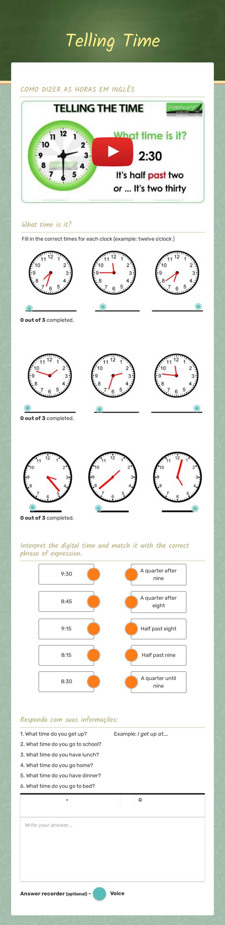 Telling Time worksheet preview image