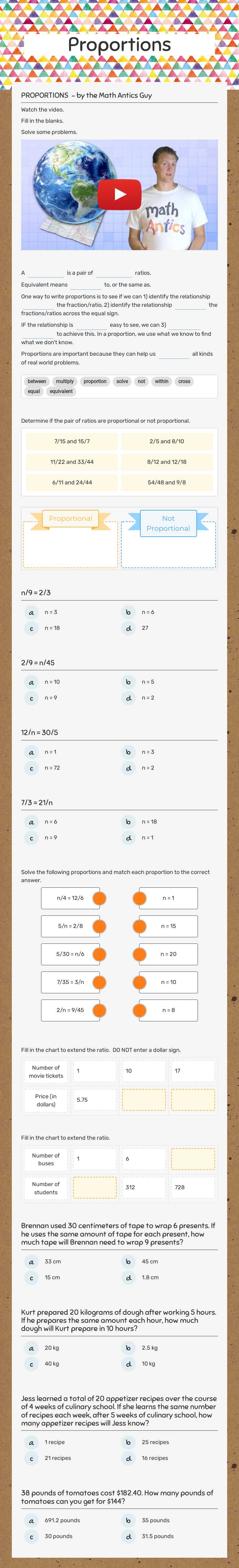Proportions worksheet preview image