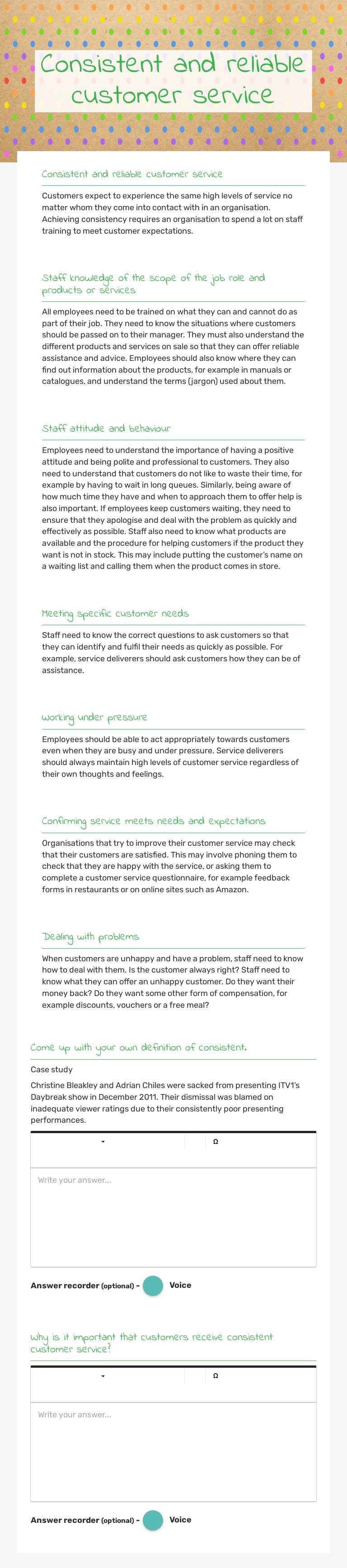 Consistent and reliable customer service worksheet preview image