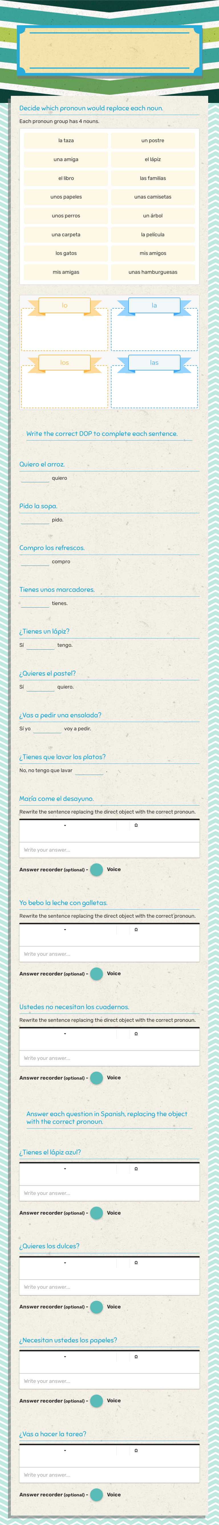 Direct object pronouns worksheet preview image