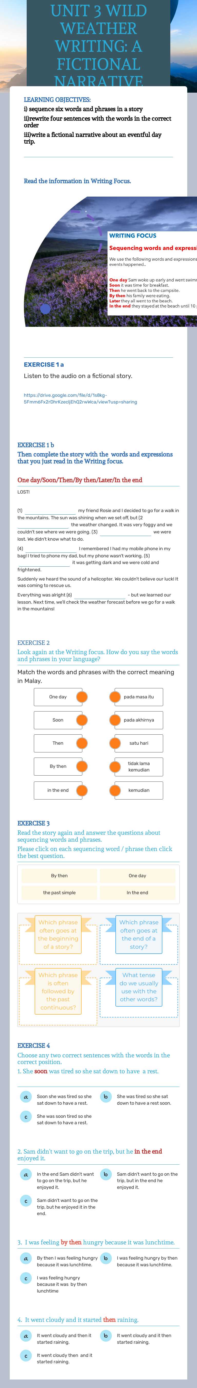 UNIT 3         
     WILD 
          WEATHER            
         WRITING:               
   A FICTIONAL 
   NARRATIVE Grade 10 worksheet preview