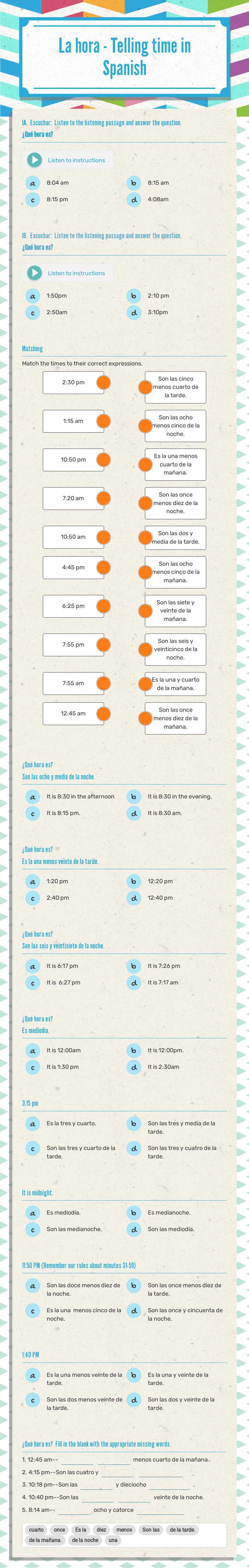 La hora - Telling time in Spanish worksheet preview image