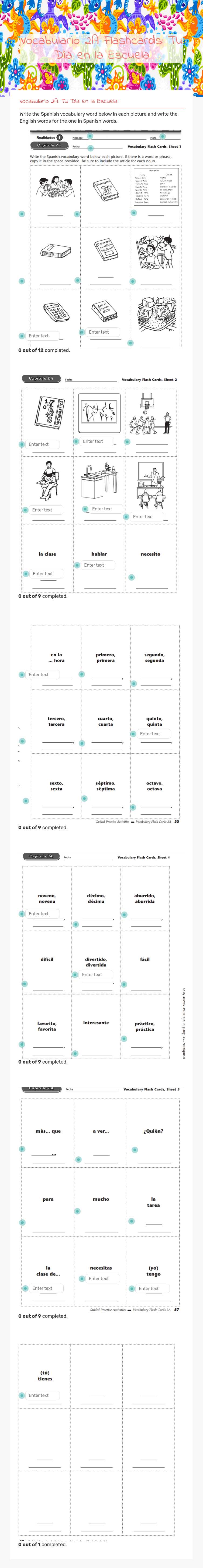 Vocabulario 2A Flashcards: Tu Día en la Escuela worksheet preview image