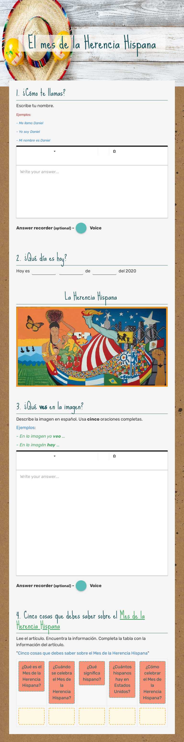 El mes de la Herencia Hispana worksheet preview image