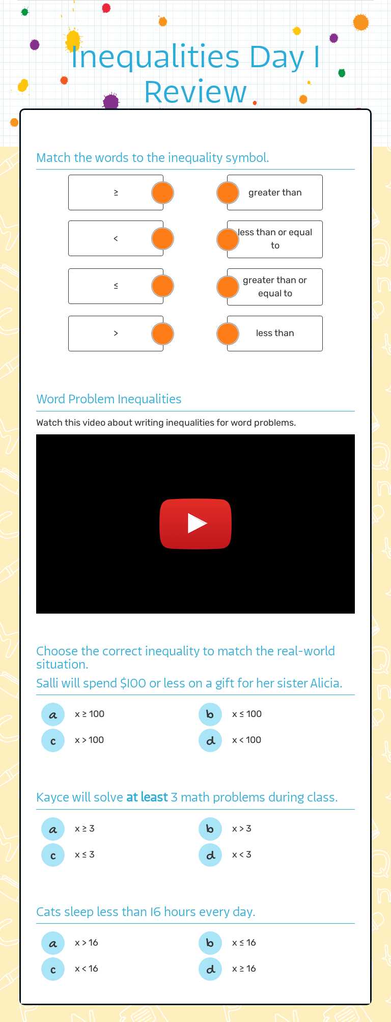 Inequalities Day 1 Review Grade 5 worksheet preview