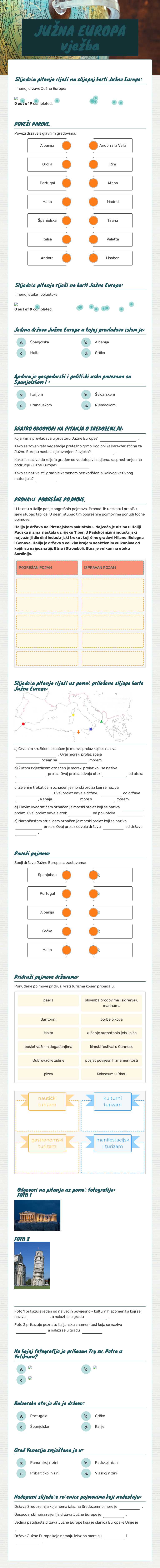 JUŽNA EUROPA vježba worksheet preview image