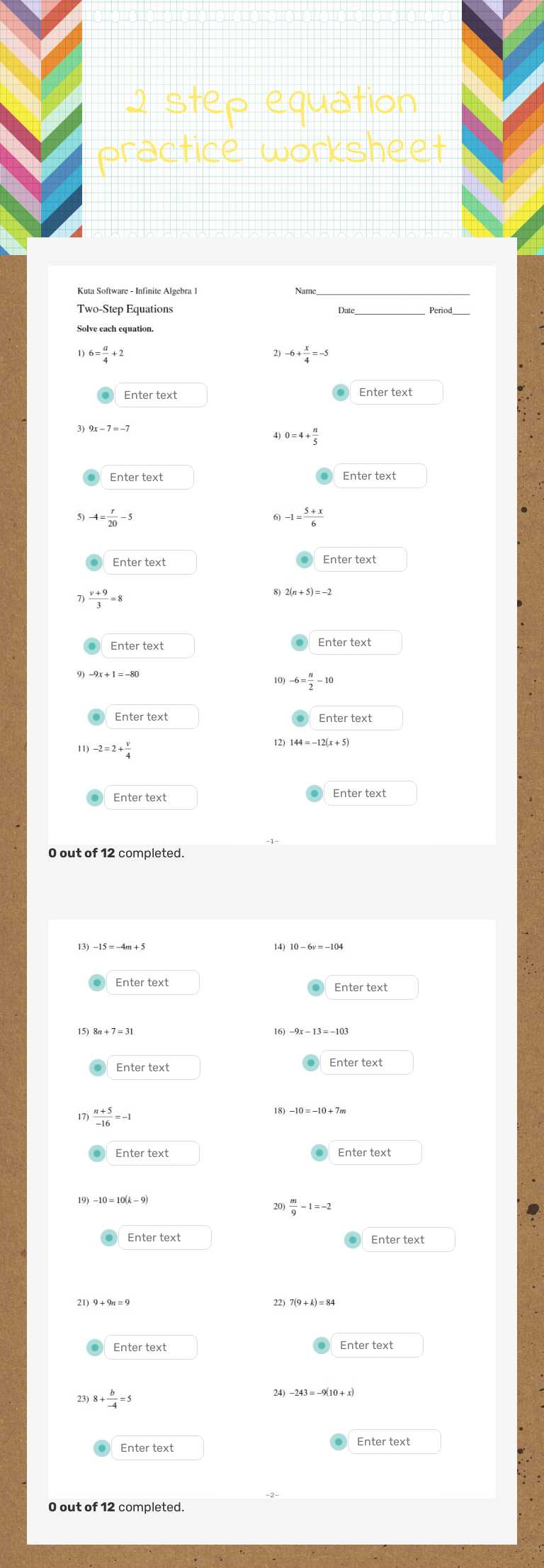 2 step equation practice worksheet worksheet preview image