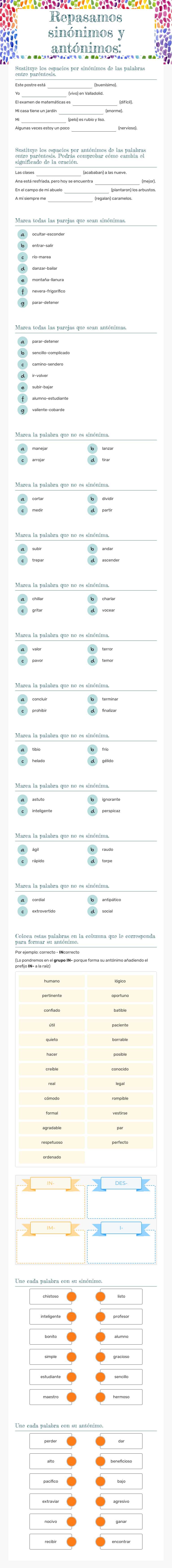 Repasamos sinónimos y antónimos: worksheet preview image
