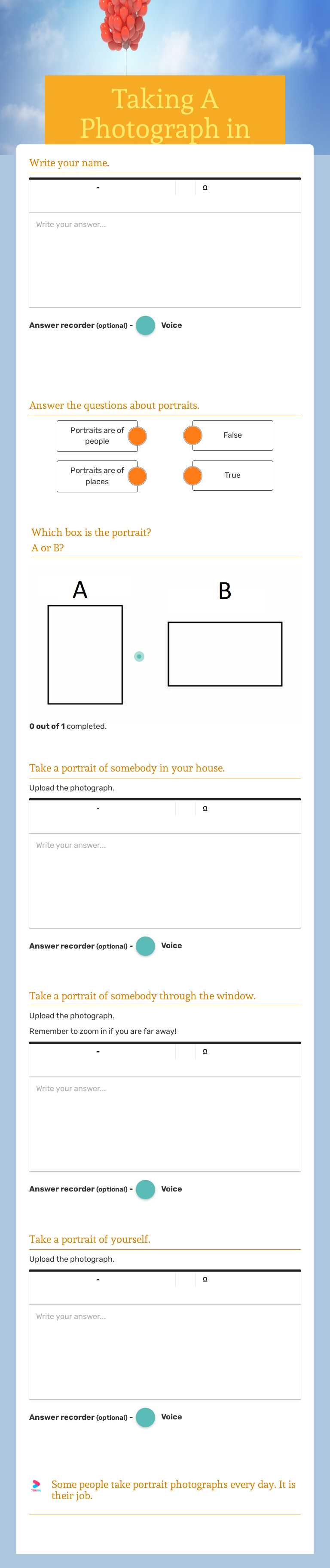 Taking A Photograph in Portrait Grade 3 worksheet preview