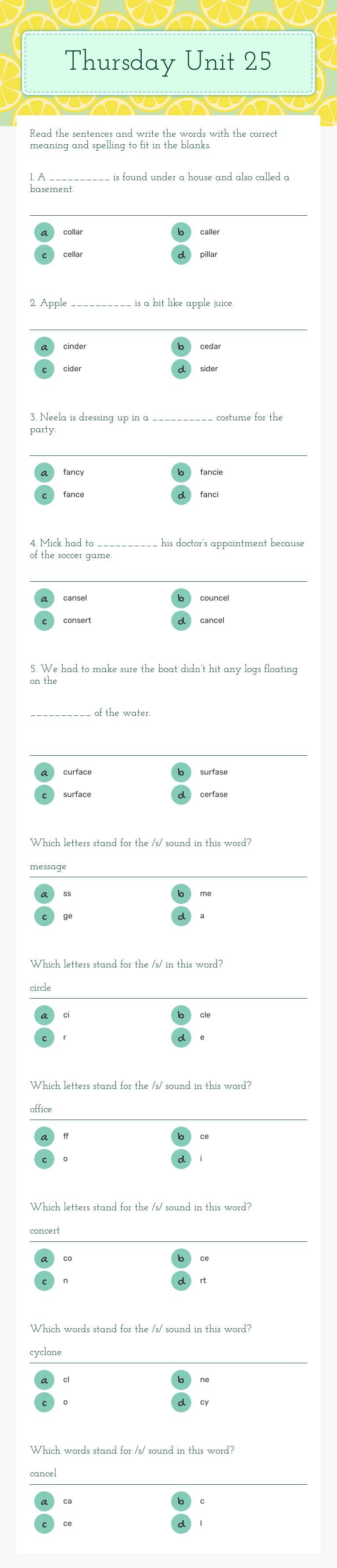 Thursday 
Unit 25 Grade 3 worksheet preview