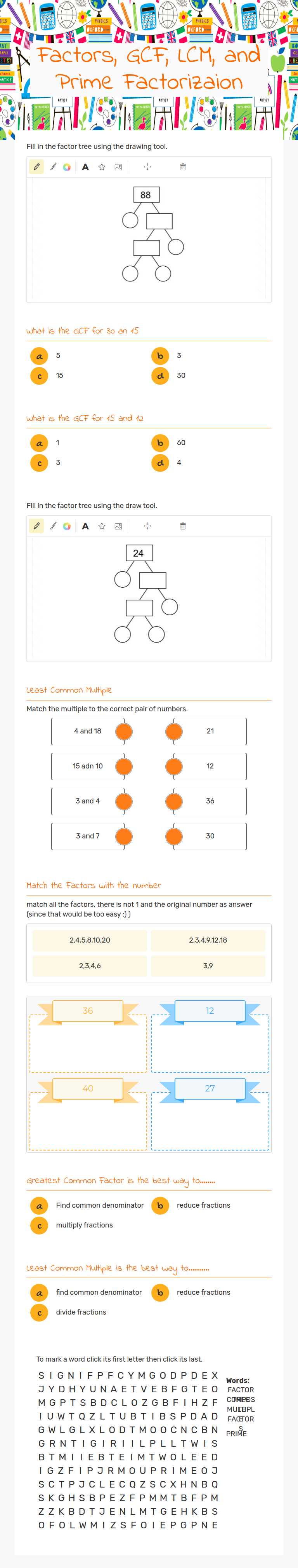 Factors, GCF, LCM,              
 and Prime Factorizaion worksheet preview