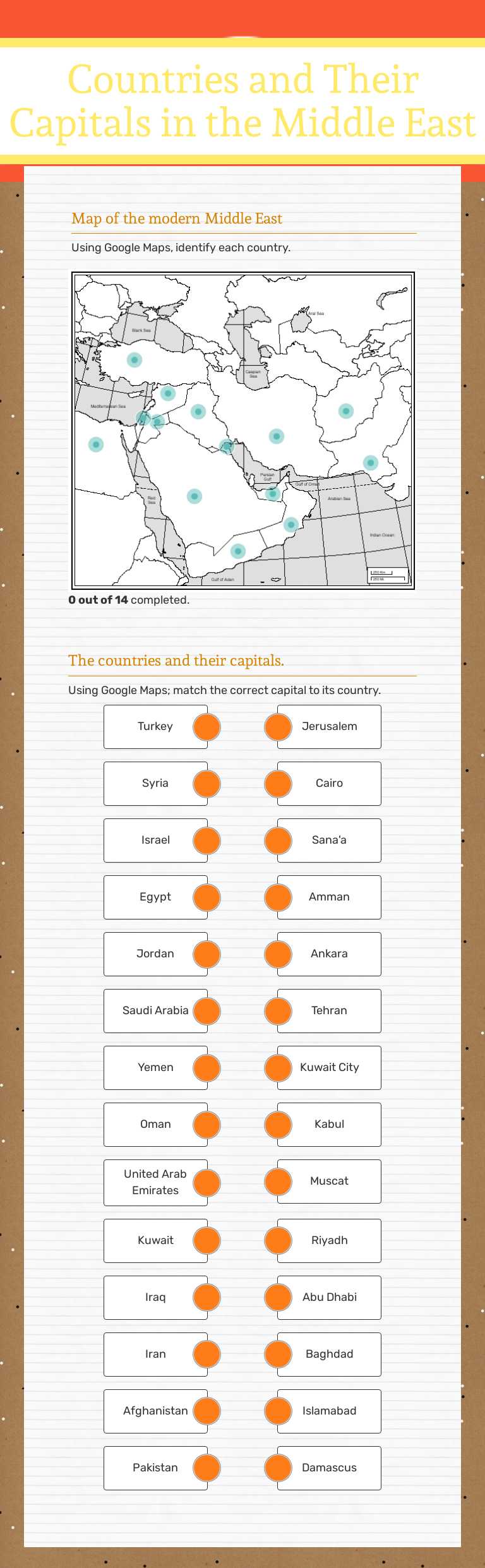 Countries and Their Capitals in the Middle East worksheet preview image