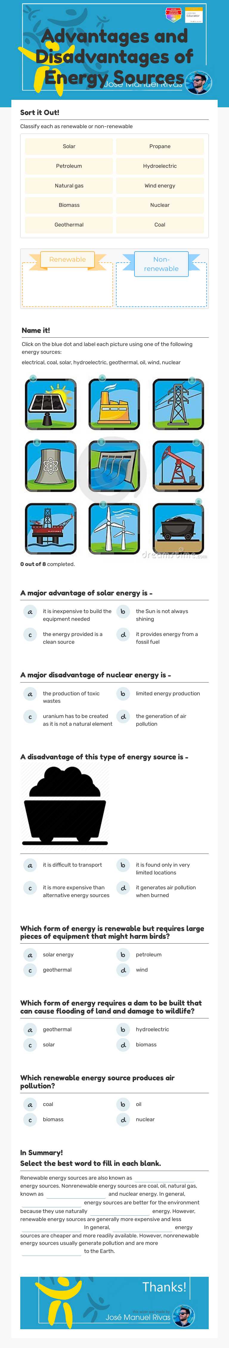 Advantages and Disadvantages of Energy Sources Grade 5 worksheet preview