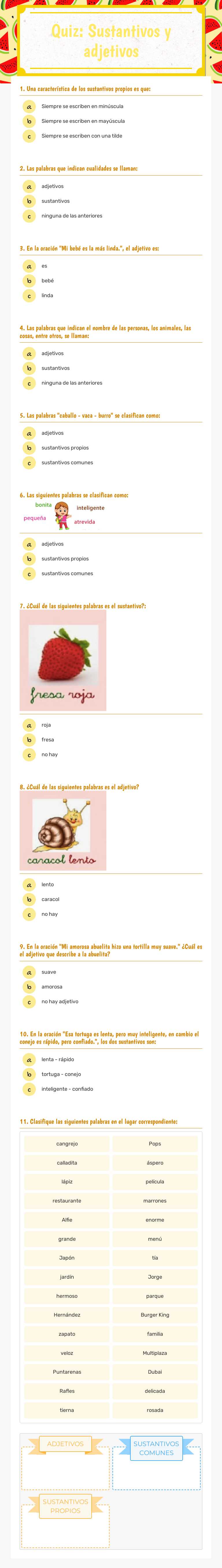 Quiz: Sustantivos y adjetivos worksheet preview image