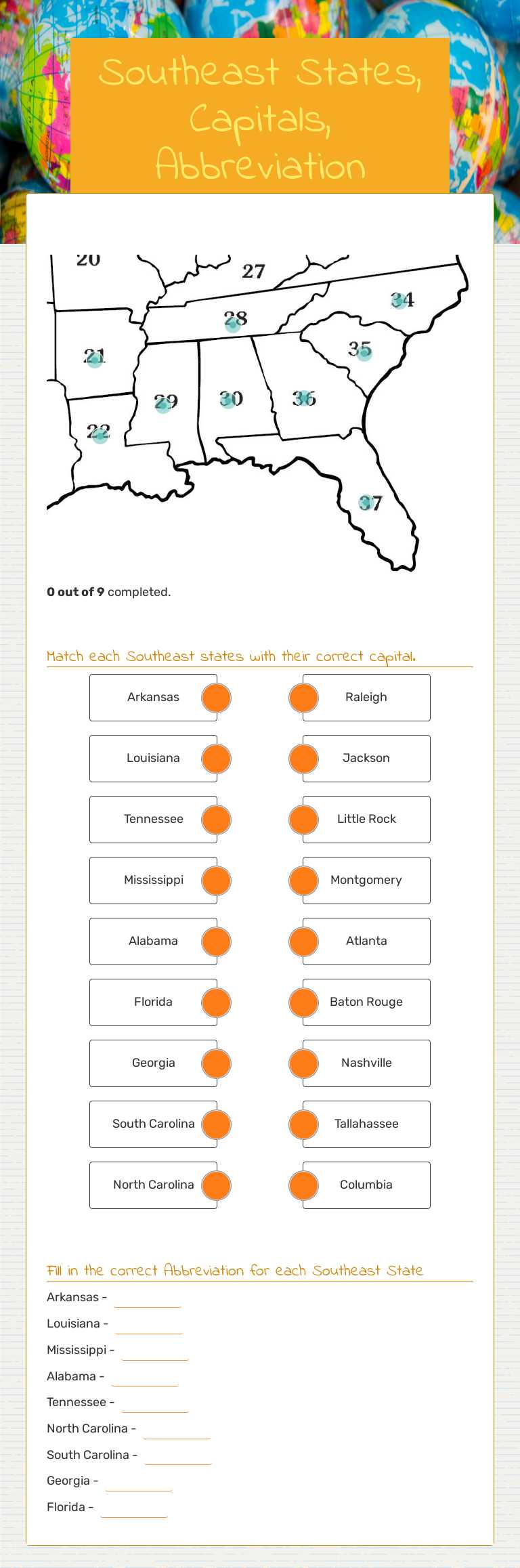 Southeast States, Capitals, Abbreviation worksheet preview image