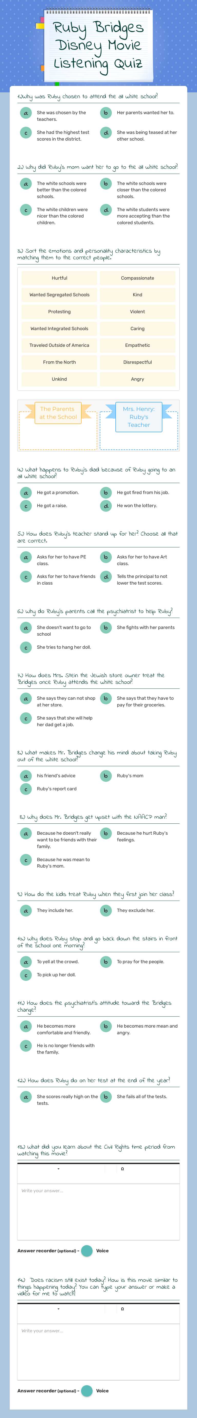 Ruby Bridges Disney Movie Listening Quiz Grade 5 worksheet preview