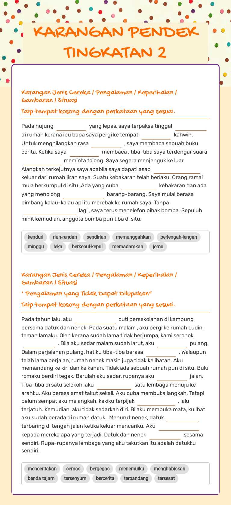 KARANGAN PENDEK TINGKATAN 2 worksheet preview image