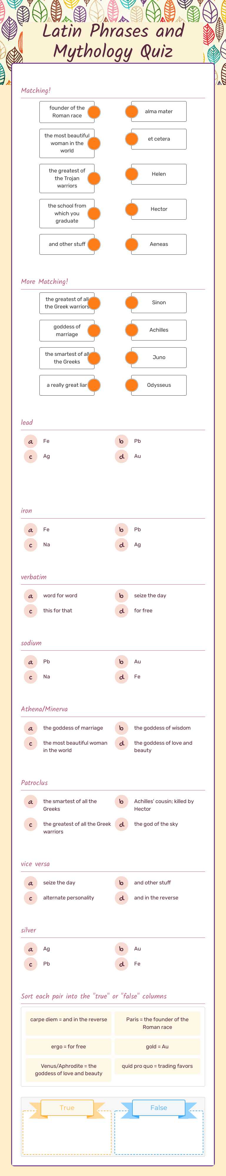 Latin Phrases and Mythology Quiz worksheet preview image