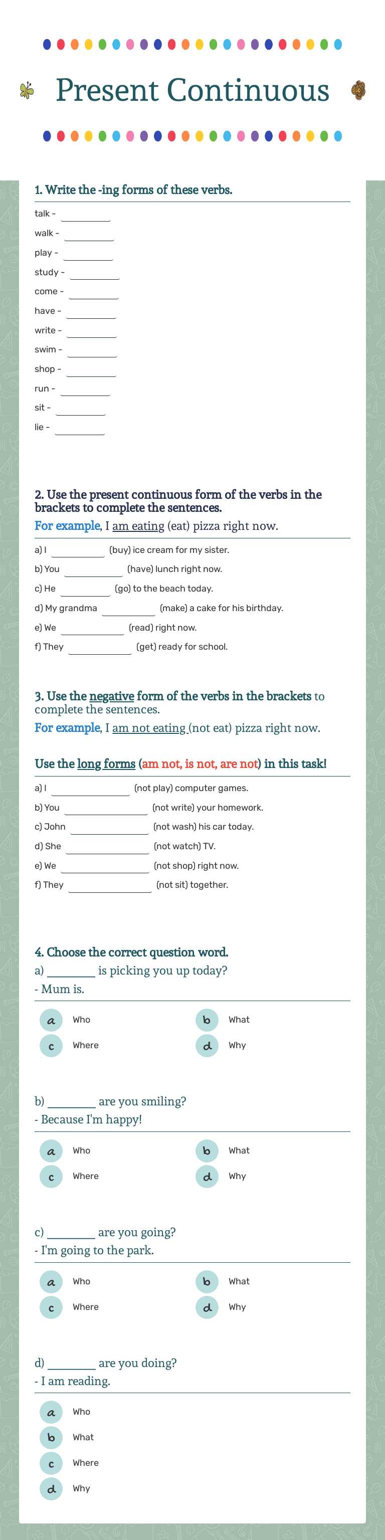 Present Continuous worksheet preview image