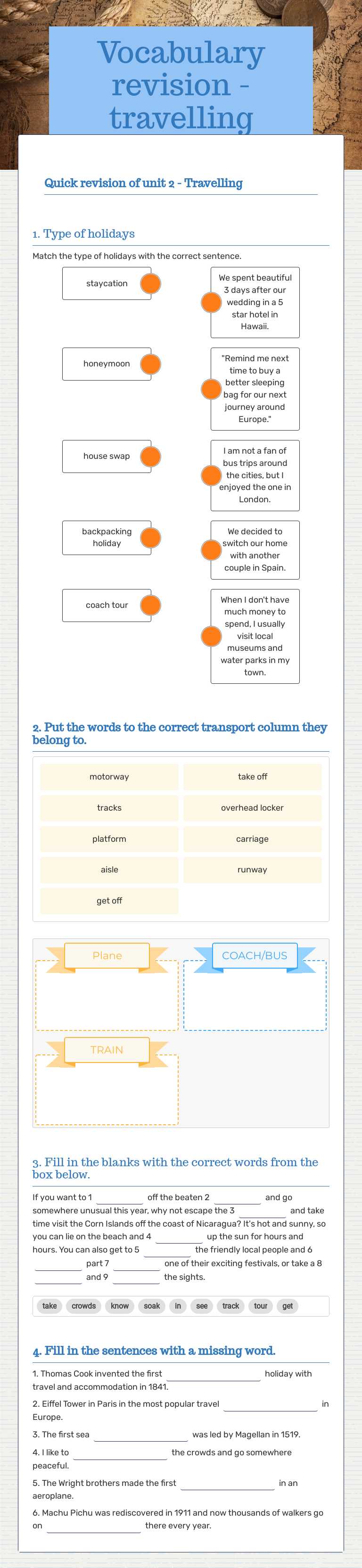 Vocabulary revision -travelling worksheet preview image