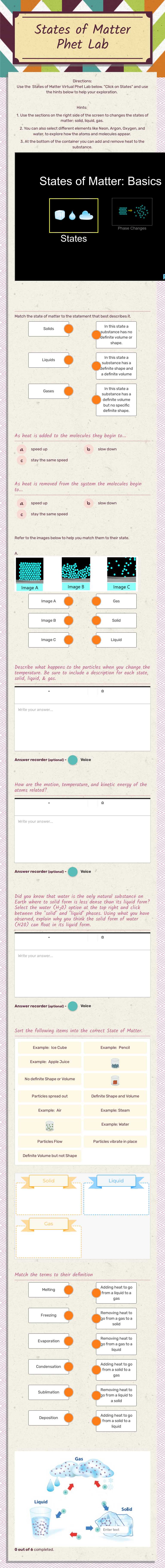 States of Matter Phet Lab worksheet preview image