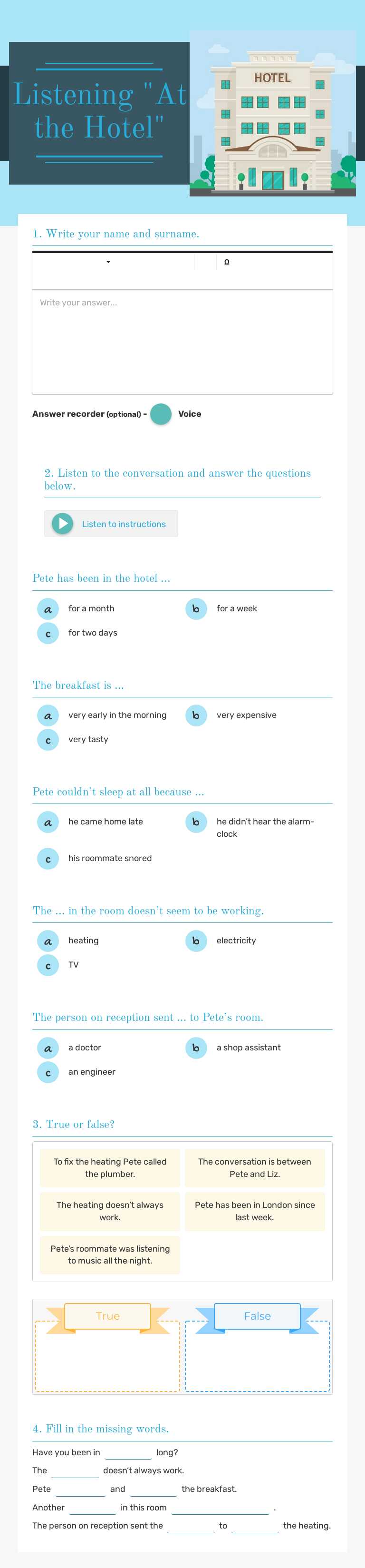 Listening
"At the Hotel" worksheet preview image