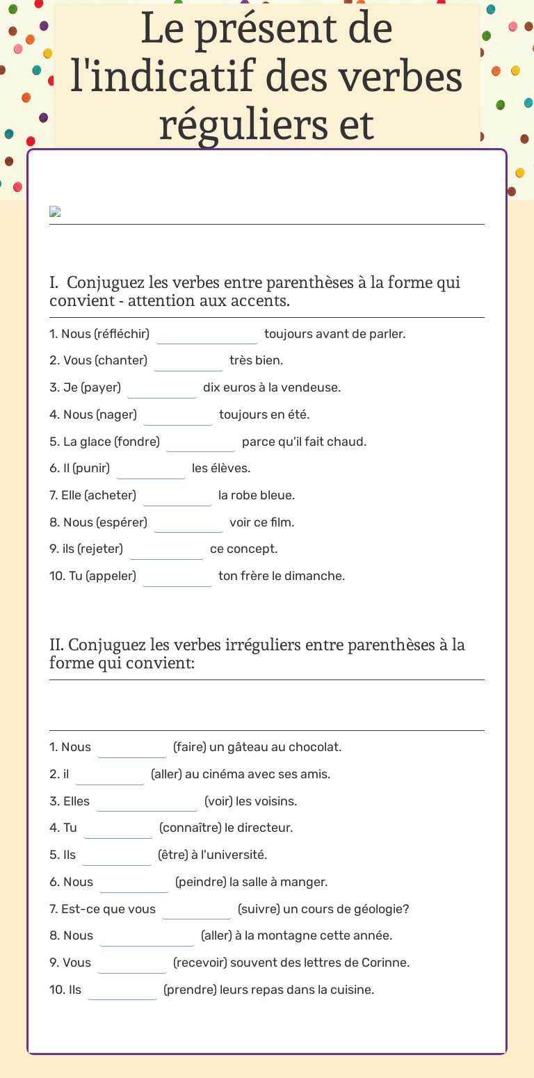 Le présent de l'indicatif des verbes réguliers et irréguliers Grade 9 worksheet preview