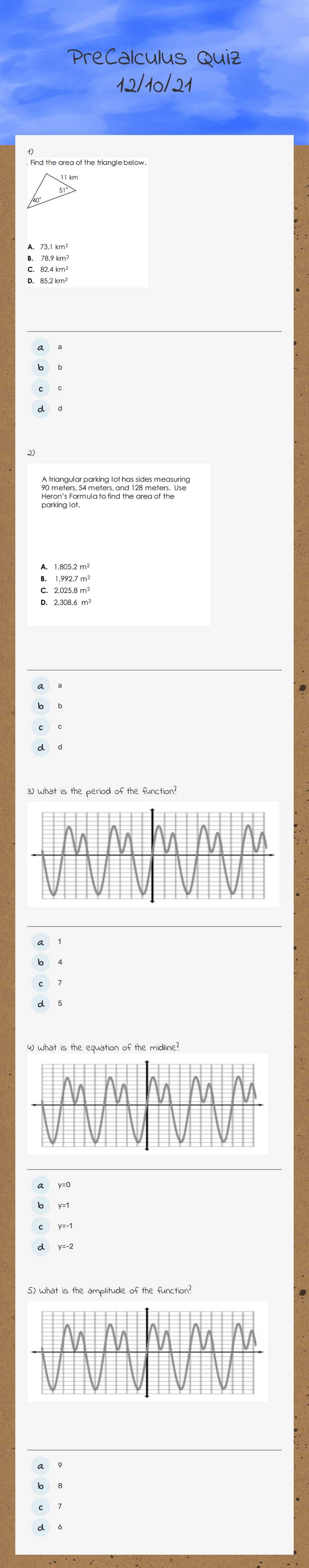 PreCalculus Quiz 12/10/21 worksheet preview image