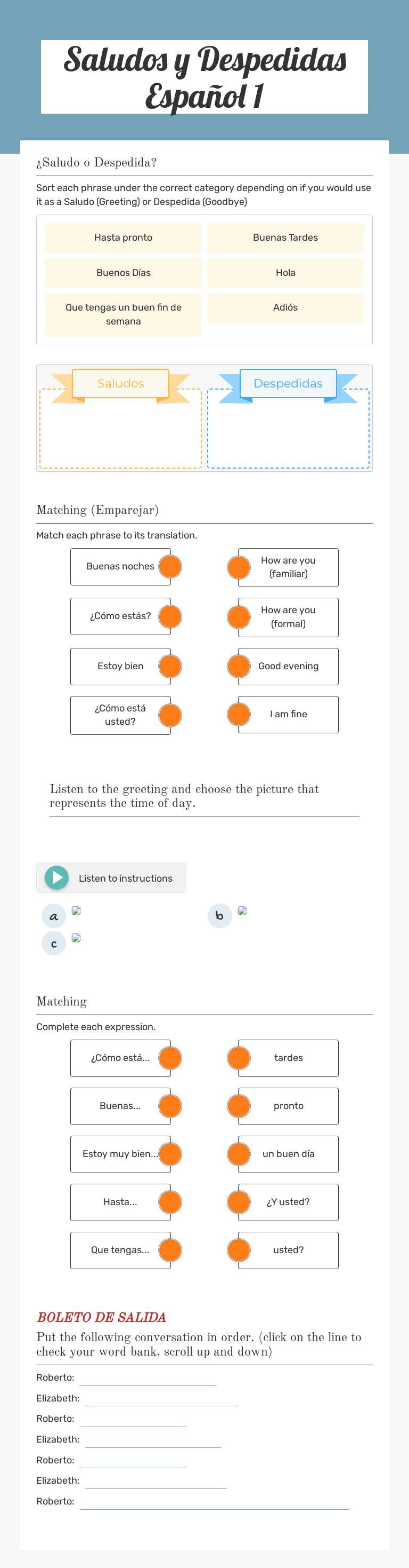 Saludos y Despedidas Español 1 Grade 9 worksheet preview