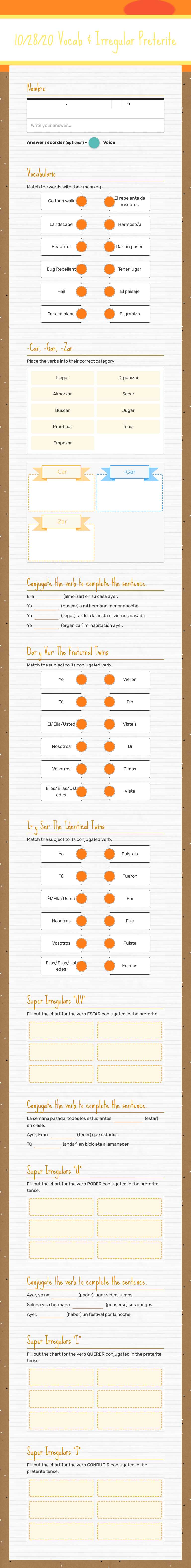 10/28/20 
Vocab & Irregular Preterite Grade 10 worksheet preview