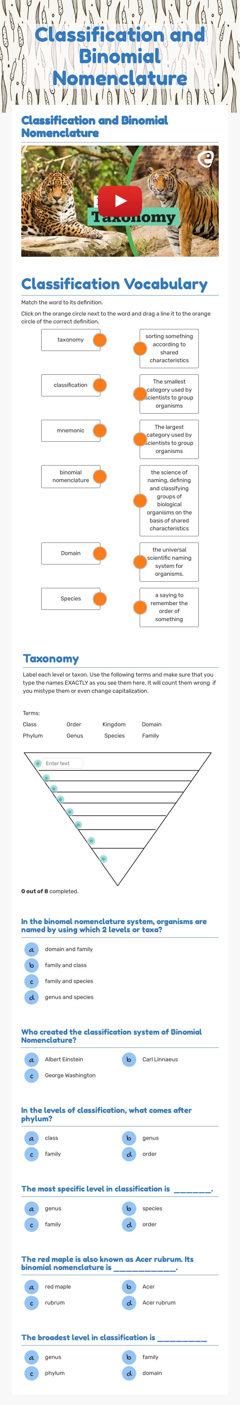 Classification and Binomial Nomenclature worksheet preview image