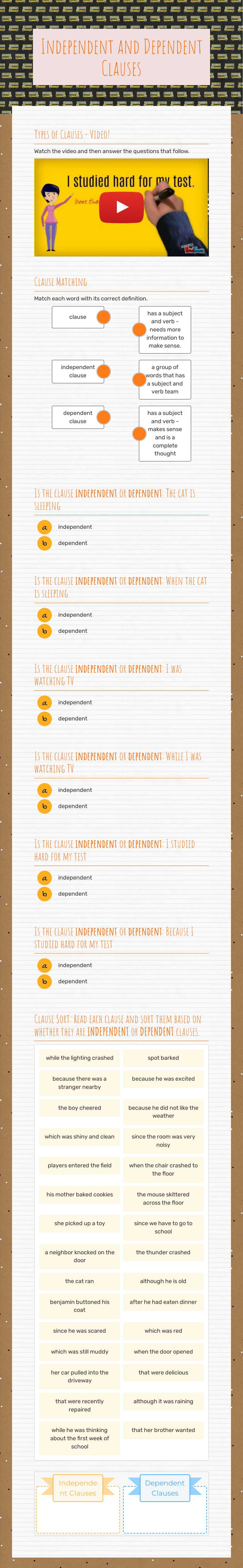Independent and Dependent Clauses worksheet preview image
