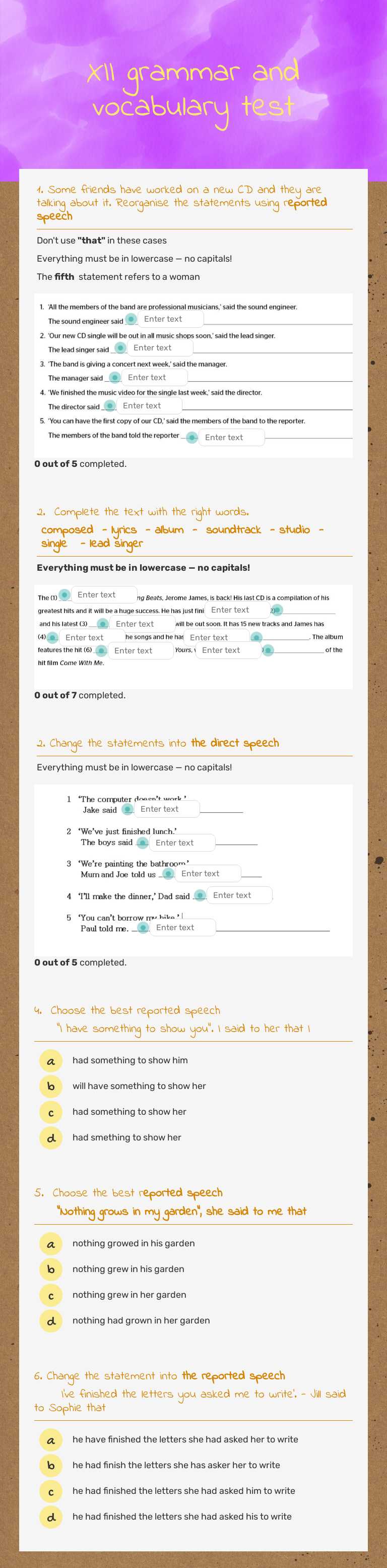 XII grammar and vocabulary test worksheet preview image