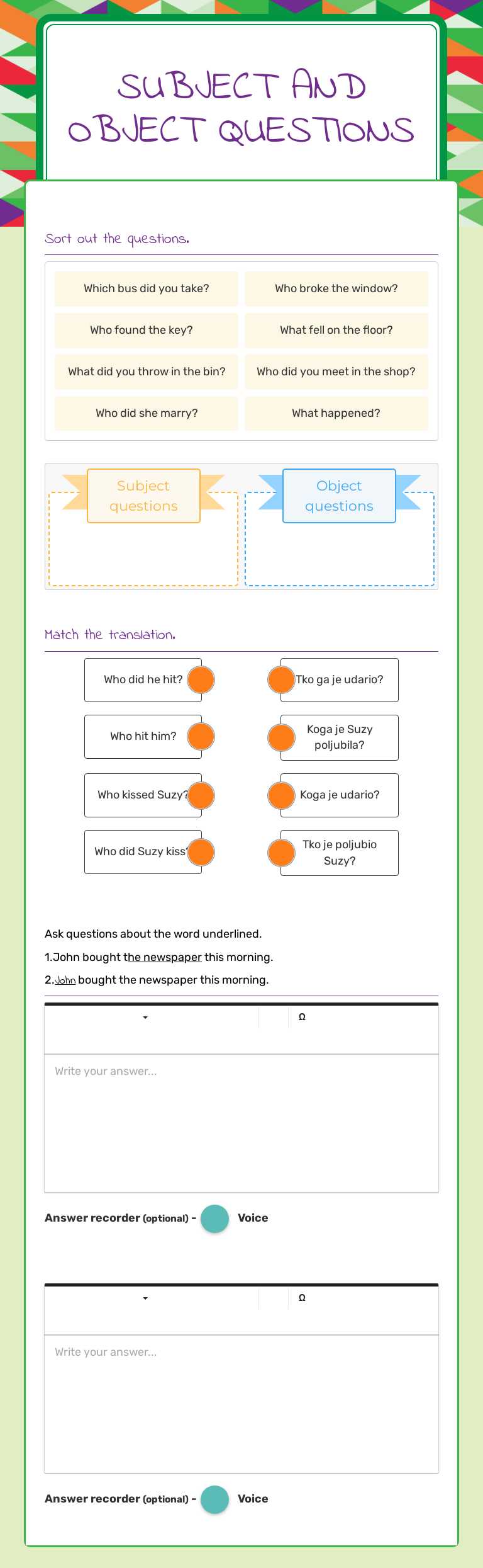Subject and object questions worksheet preview image