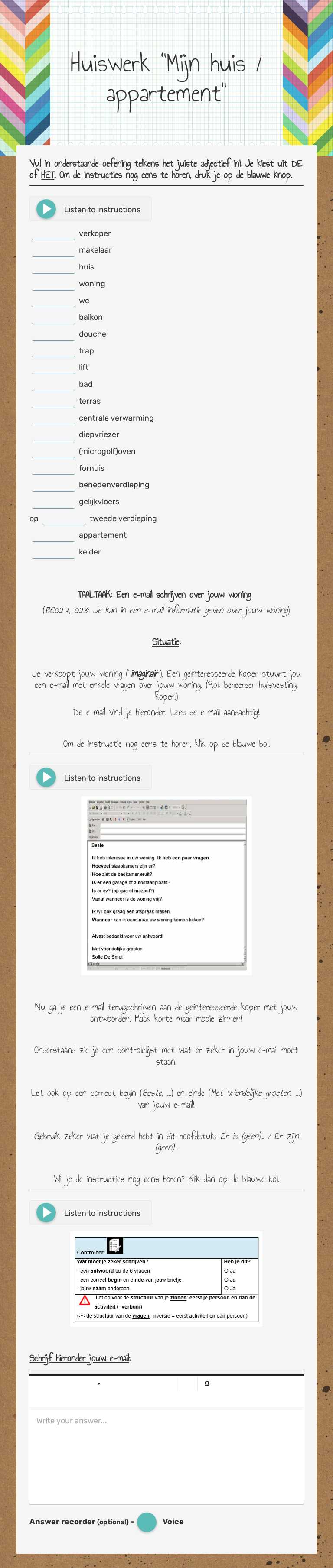 Huiswerk "Mijn huis / appartement" Grade 1 worksheet preview