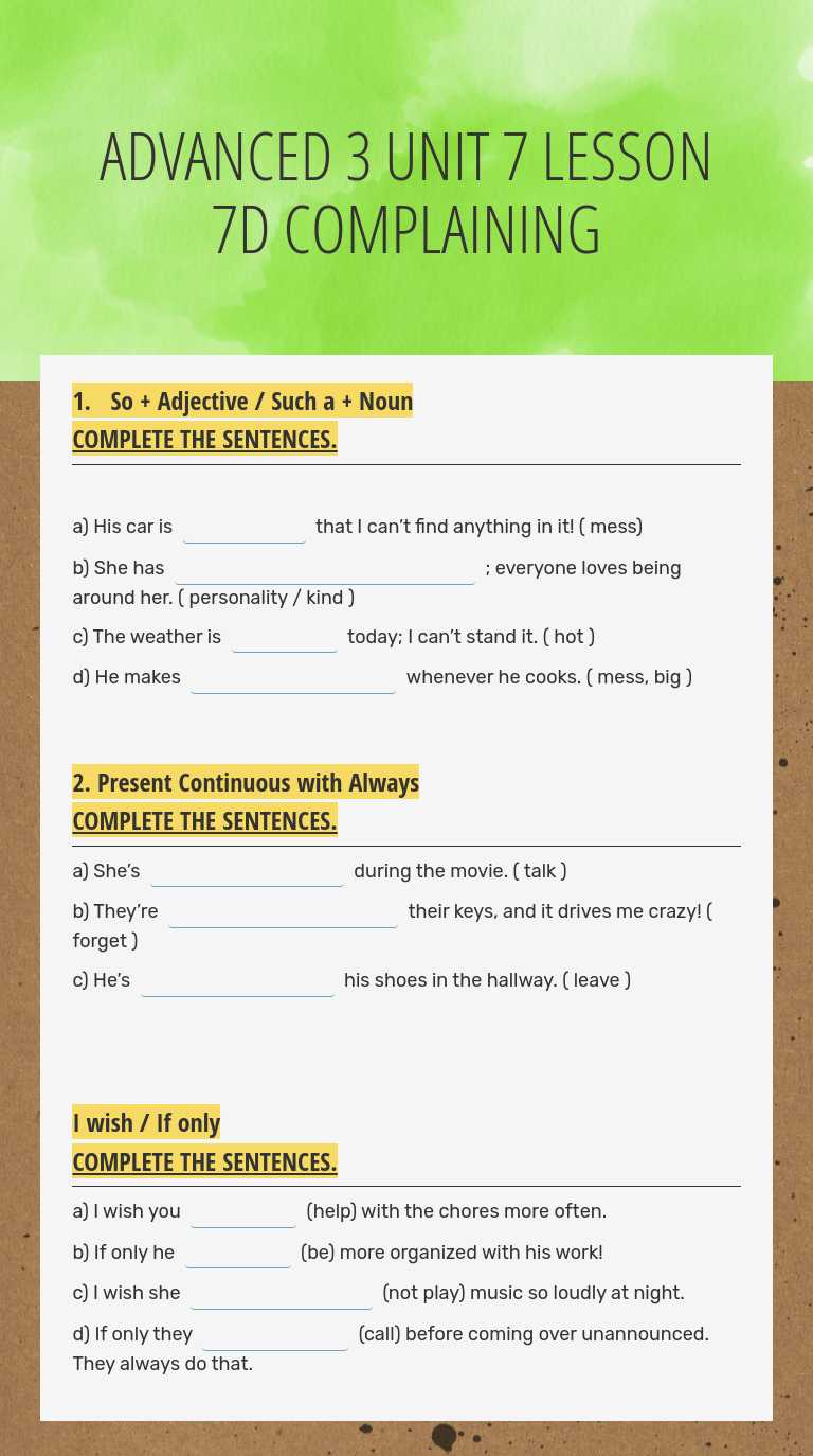 ADVANCED 3 UNIT 7 LESSON 7D COMPLAINING worksheet preview image